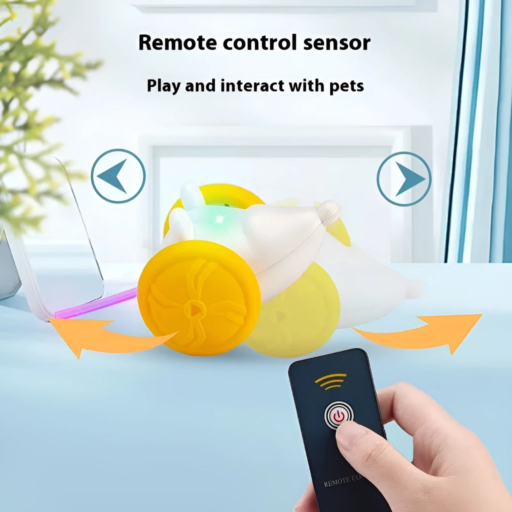Electric cat toy mouse with remote control on wooden floor, blue and yellow variants shown