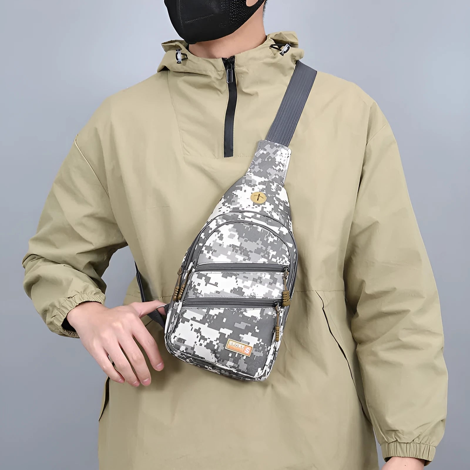 Canvas crossbody bag for men, lightweight waterproof with stitching detail, available in multiple colours