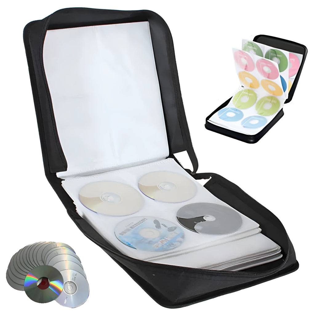 Black Oxford cloth CD storage binder with zipper and top hand strap for large disc collections