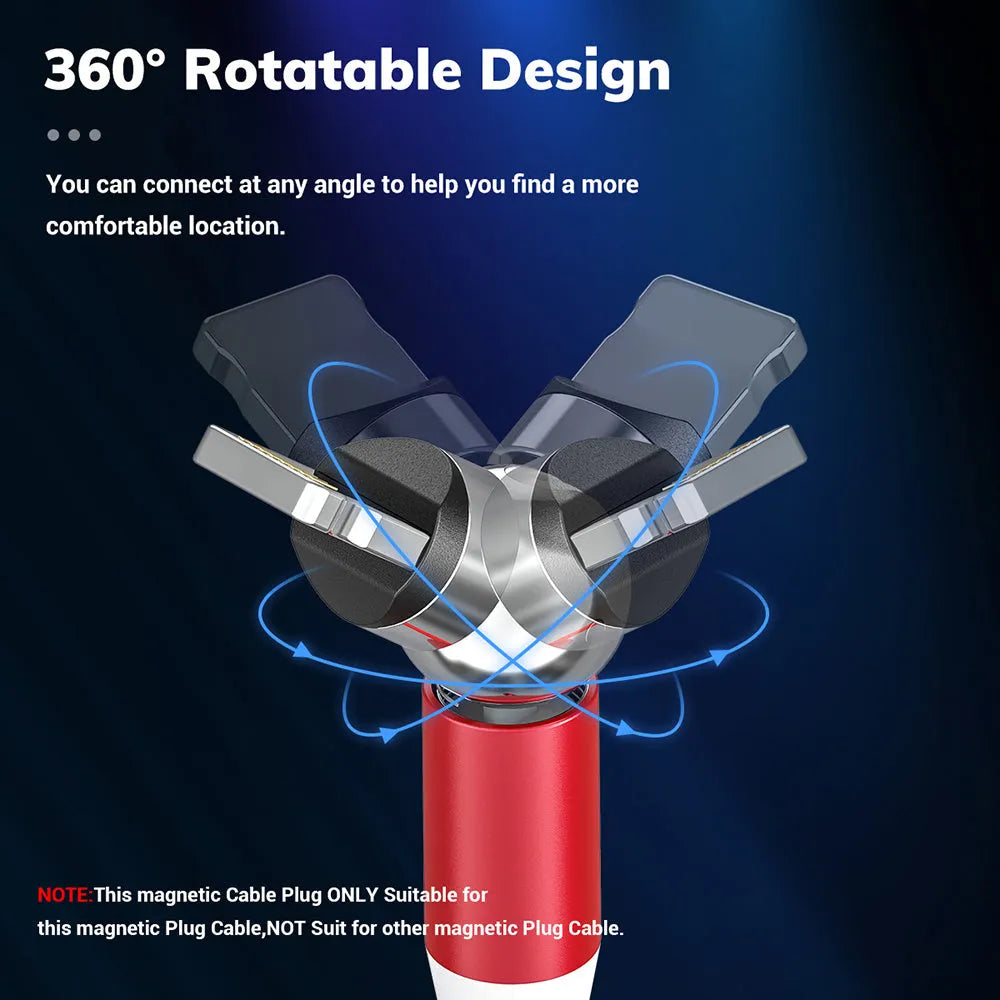 Black magnetic phone charging cable with spherical rotating connector and aluminium alloy ends on a white background.