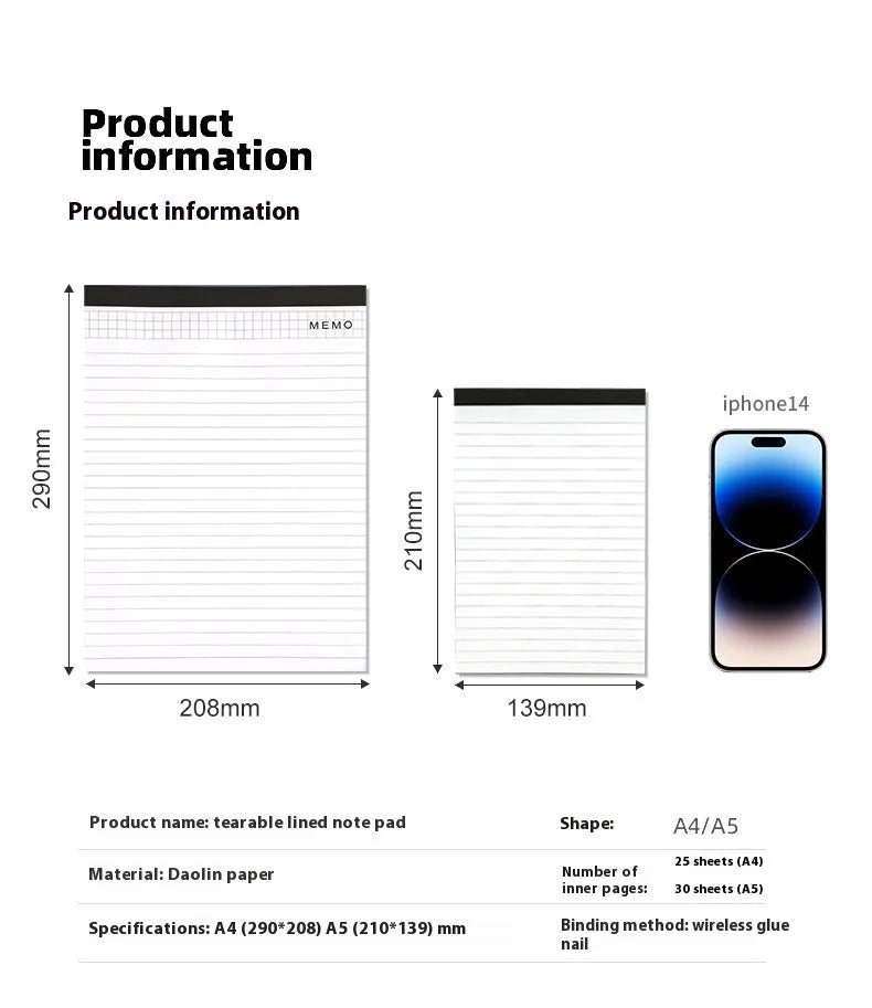 A4 notebook with grid-lined pages and tearable adhesive binding for meeting minutes