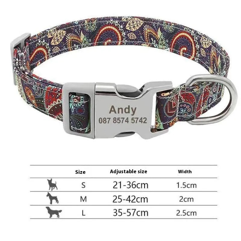 Colourful canvas dog collar with semi-metal buckle in striped floral pattern