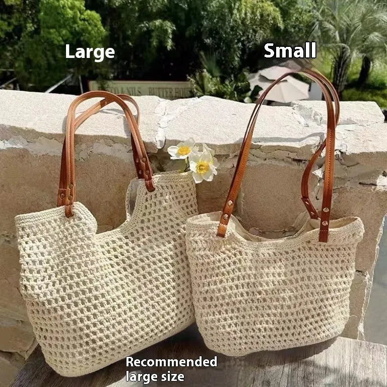 Beige woven cotton linen shoulder bag with large capacity for seaside holidays