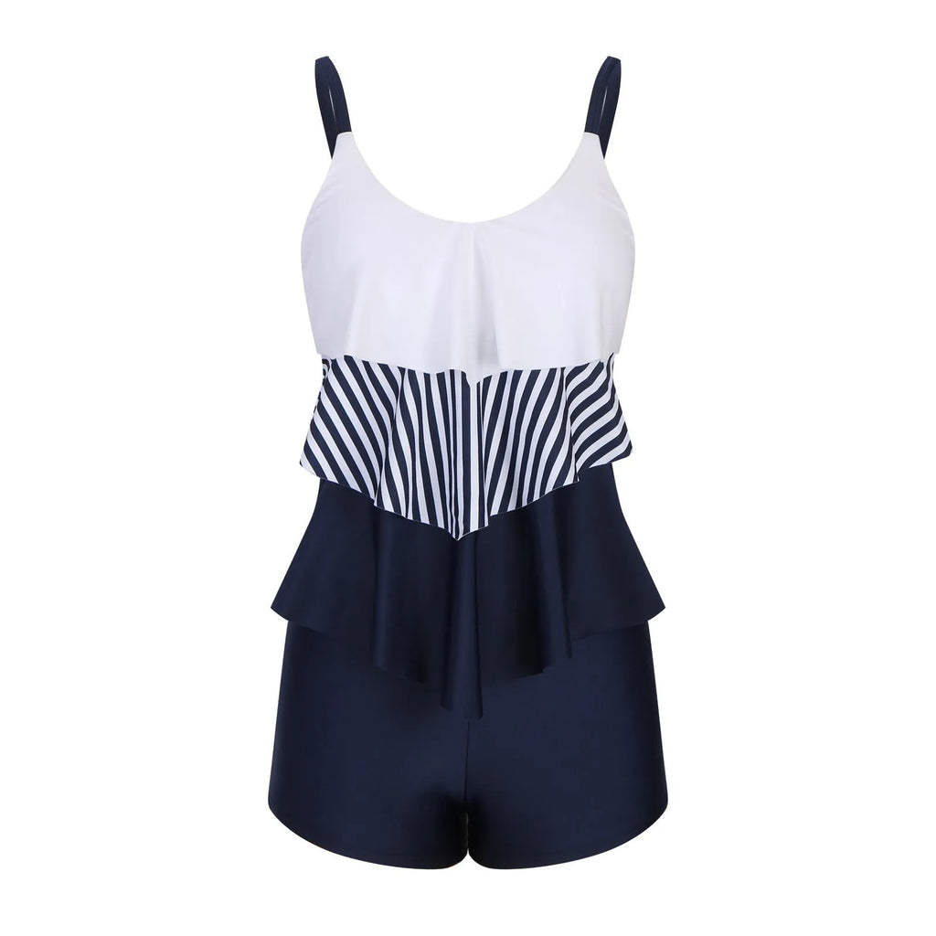 Ladies striped boyshorts one-piece swimsuit with split side design in polyester fabric