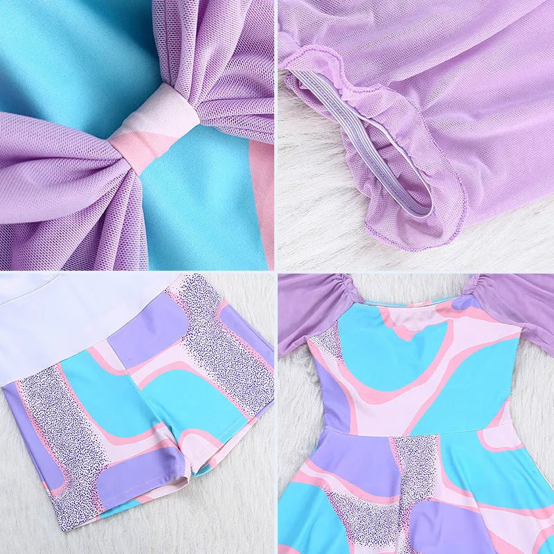 Light purple floral high-waisted one-piece swimsuit for women, laid flat.