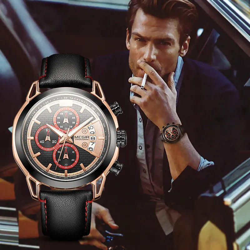 Men's black multifunctional waterproof luminous watch with leather strap and chronograph display