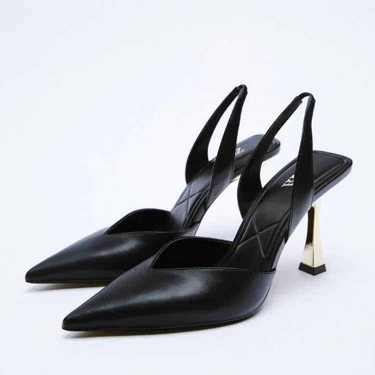 Apricot and black patent leather pointed toe high heels for women with a shallow mouth design.