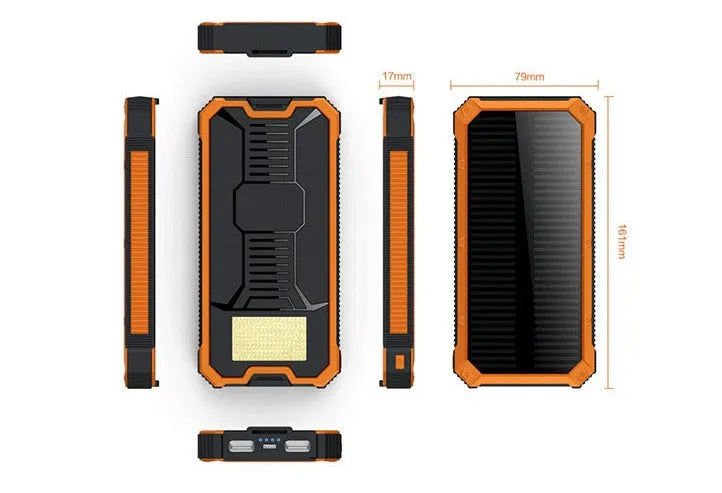 Solar power bank portable charger in black, green, orange, or yellow colours showing front and solar panel.