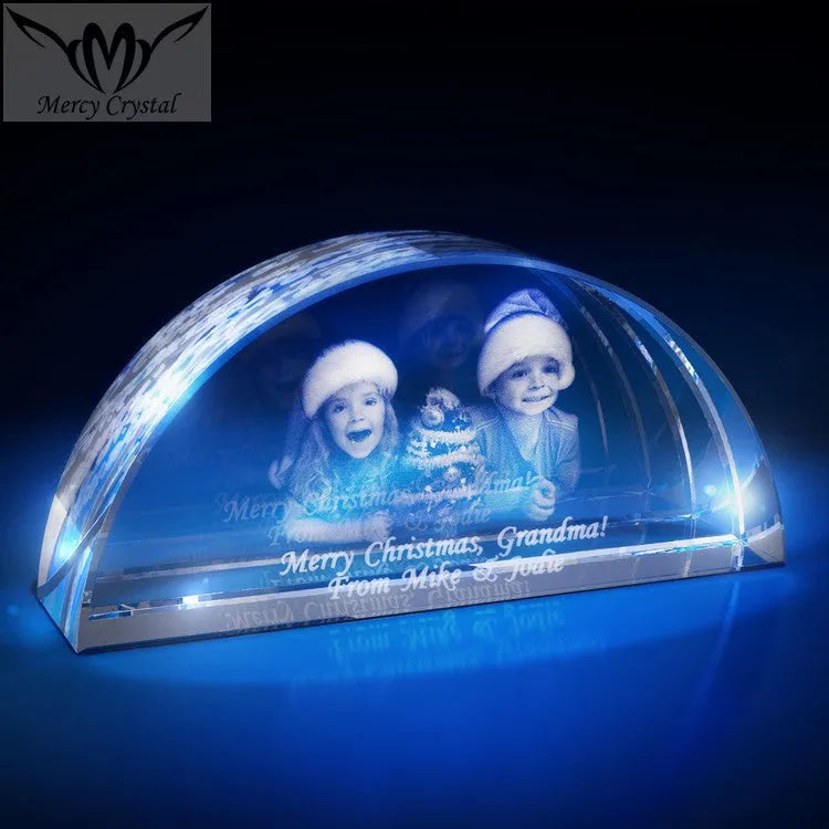 Custom laser engraved crystal sphere with personalised photo inside, available in multiple sizes and styles