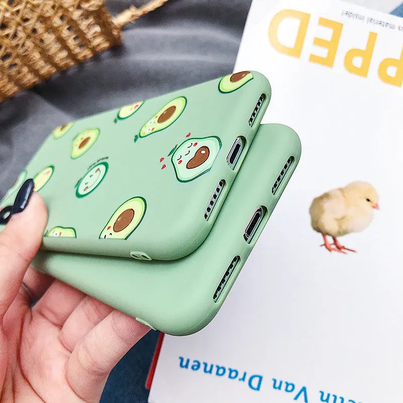 Avocado cartoon design printed on a green TPU back cover case for an Apple iPhone.