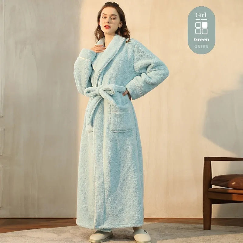 Thick flannel winter bathrobe for couples in multiple colour options like navy blue and cherry yellow.