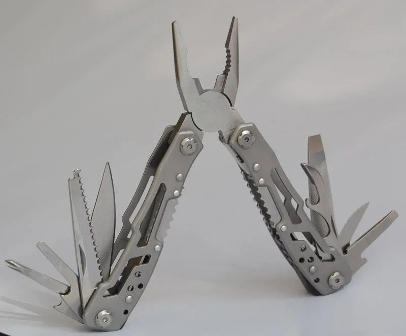 All steel 14-in-1 multi-function folding pliers with locking blade and screwdrivers, black finish