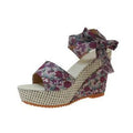 Women's floral print wedge sandals with ankle strap buckle and peep toe