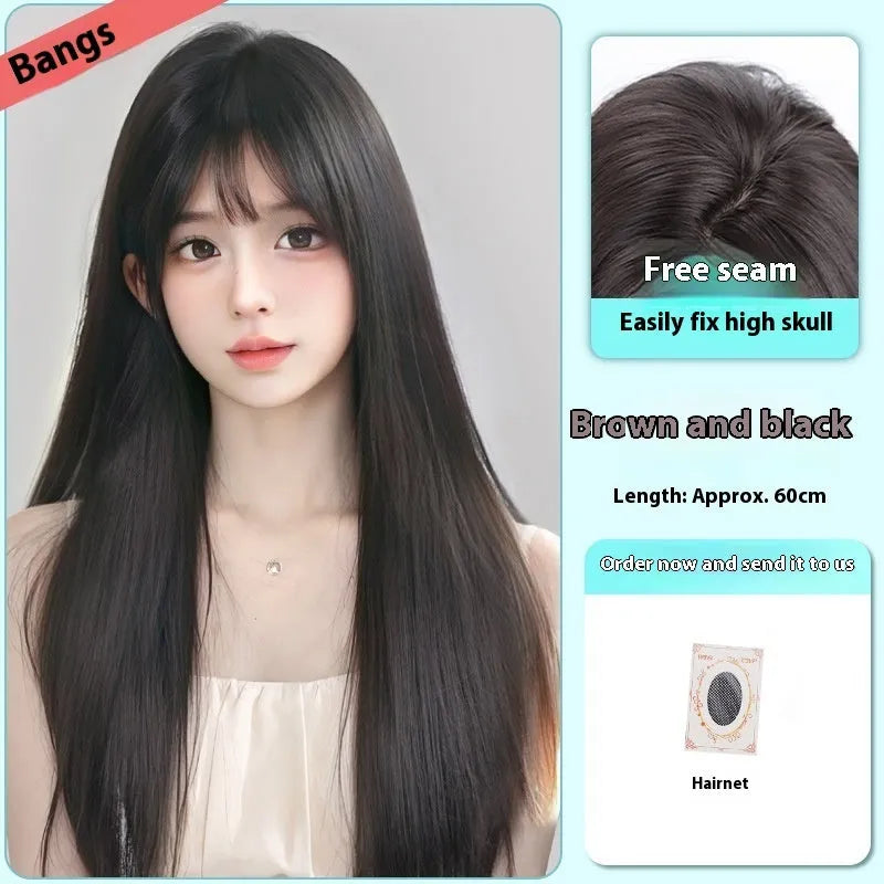 Full-head forehead lace wig in brown black colour with long straight synthetic hair