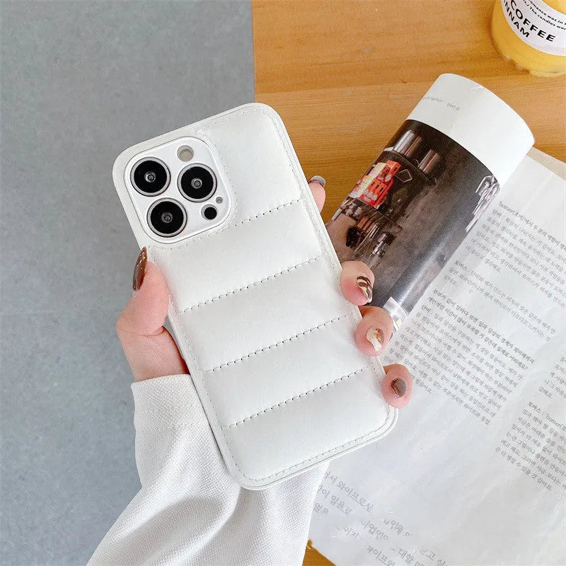Fashion solid colour down jacket phone case for iPhone showing quilted texture