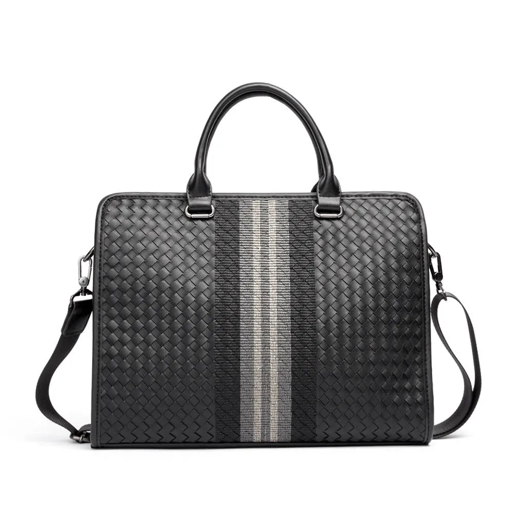 Men's stitching woven business casual briefcase in black PU leather with shoulder strap, solid colour design