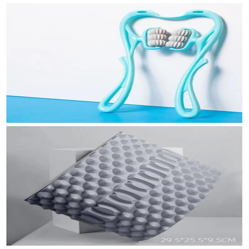 Blue manual swan-shaped neck massager with six rolling wheels and a natural crystal jade scraping board on a white background.