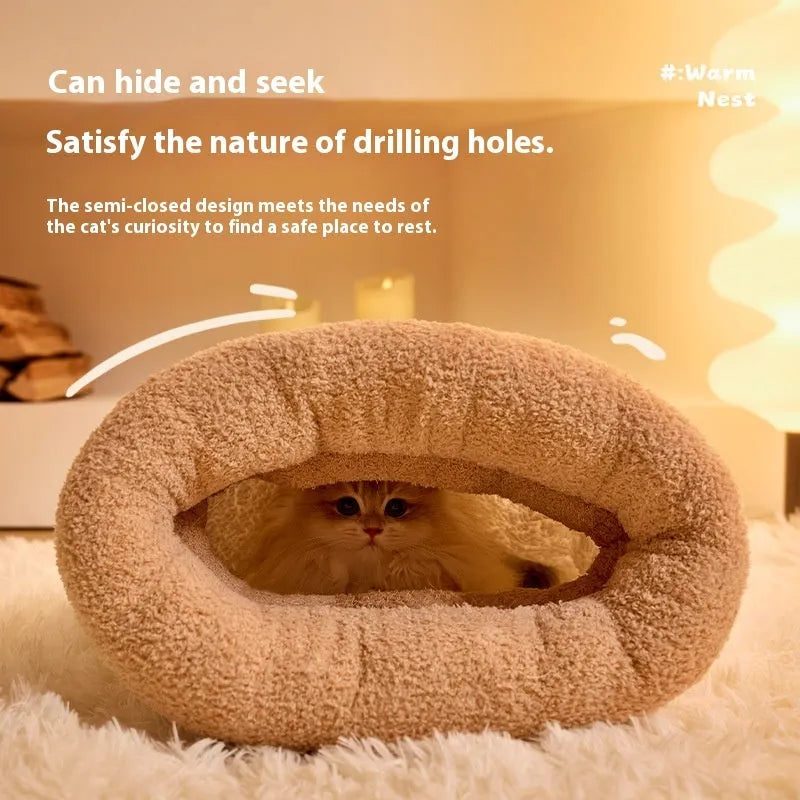 Brown semi-enclosed plush pet sleeping bag for cats on a wooden floor
