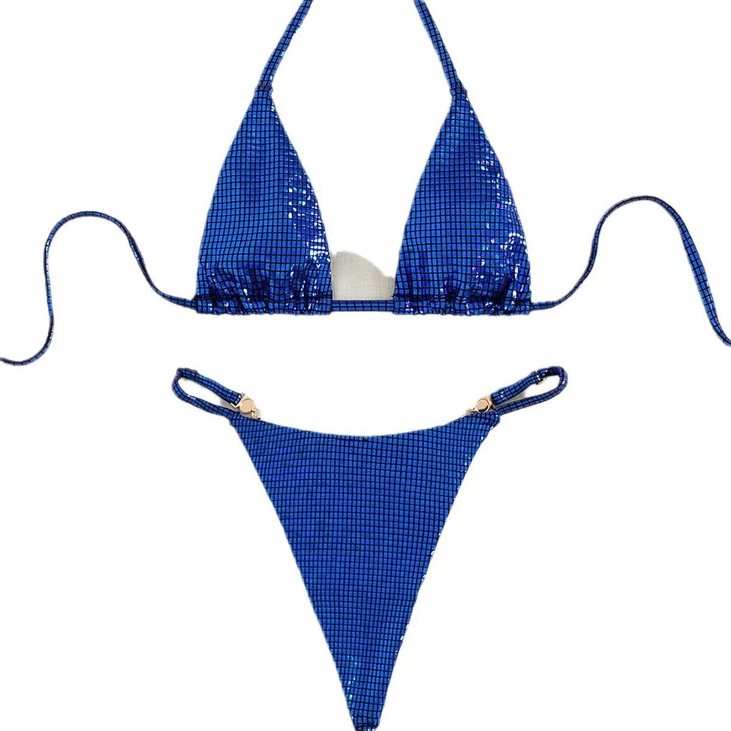 Women's solid colour T-back split bikini swimwear set in blue on a mannequin.