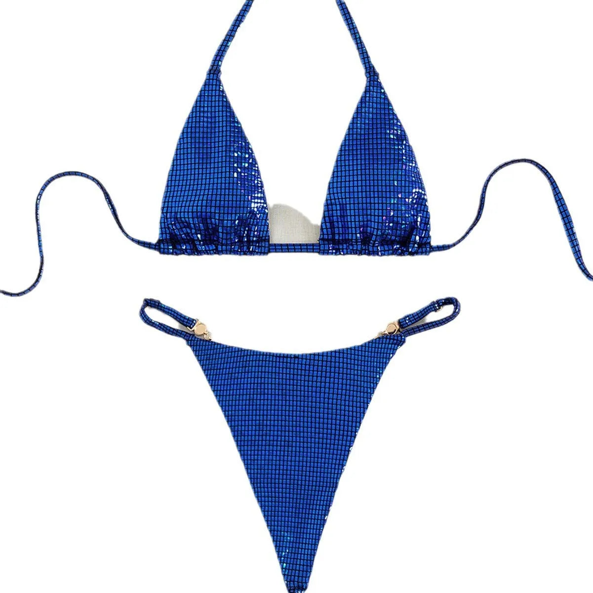 Women's solid colour T-back split bikini swimwear set in blue on a mannequin.