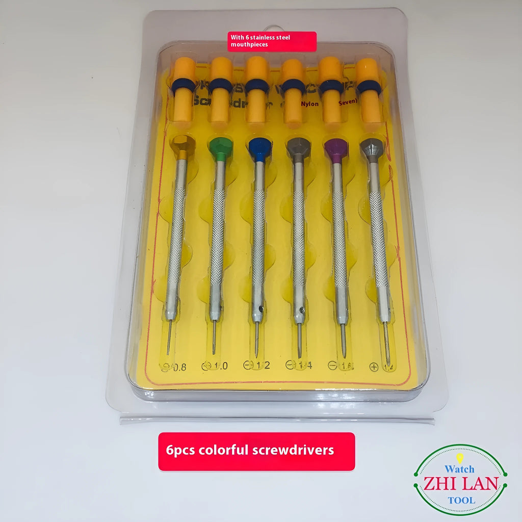 Six colour-coded watch repair screwdrivers with aluminium handles and spring steel cutter heads for precision timepiece maintenance