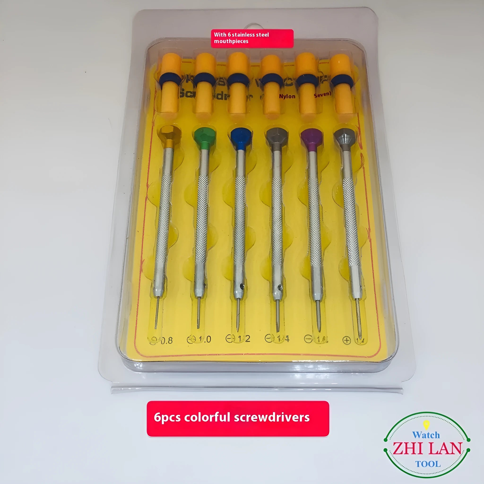 Six colour-coded watch repair screwdrivers with aluminium handles and spring steel cutter heads for precision timepiece maintenance