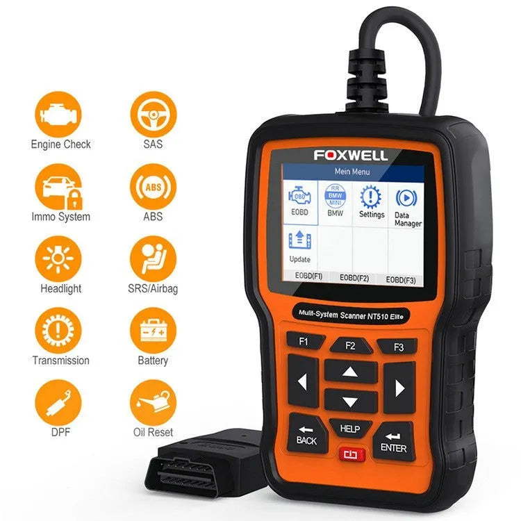 Orange and black Foxwell NT510 automotive diagnostic scanner with OBD2 cable and large colour screen
