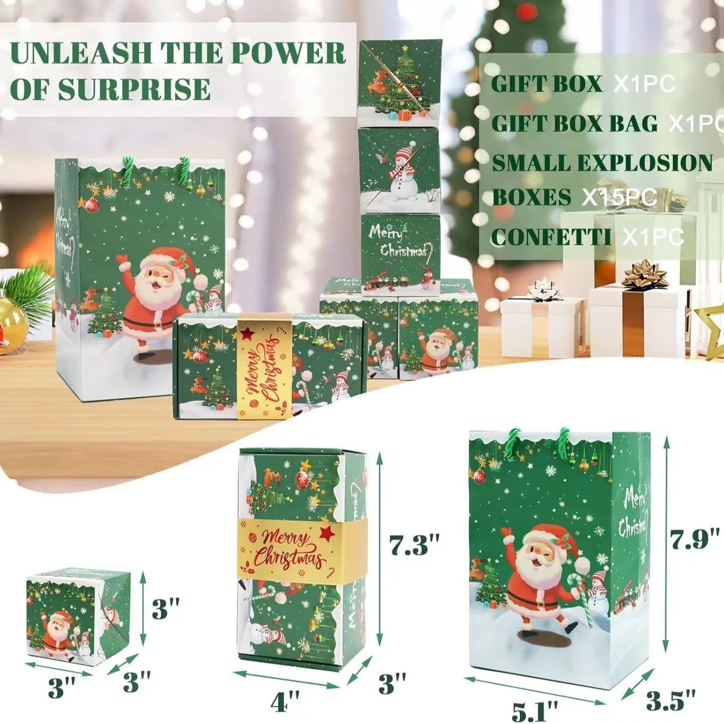 Surprise box birthday creative gift set with paper bounce boxes, gift box, and gift bag in Santa snowman red design