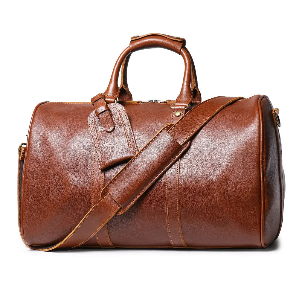 Men's genuine leather shoulder crossbody gym bag in dark coffee colour with visible stitching and adjustable strap