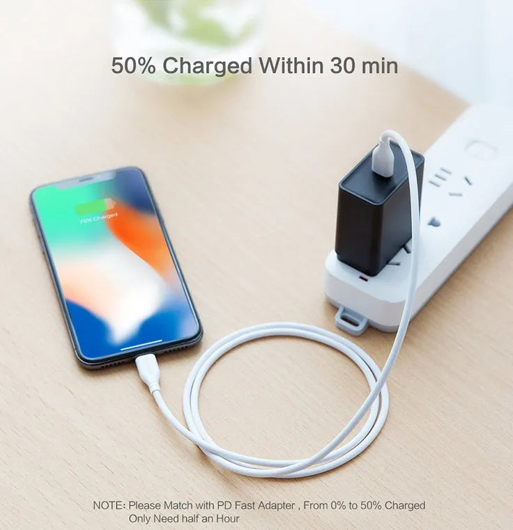 White braided nylon USB-C to Lightning charging cable with MFi certification, 6 feet long.