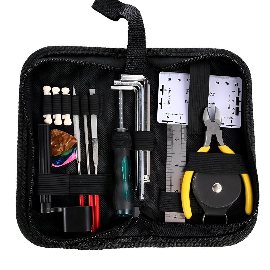 Black guitar repair and care tool kit for guitars, basses, mandolins, and banjos.