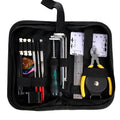 Black guitar repair and care tool kit for guitars, basses, mandolins, and banjos.