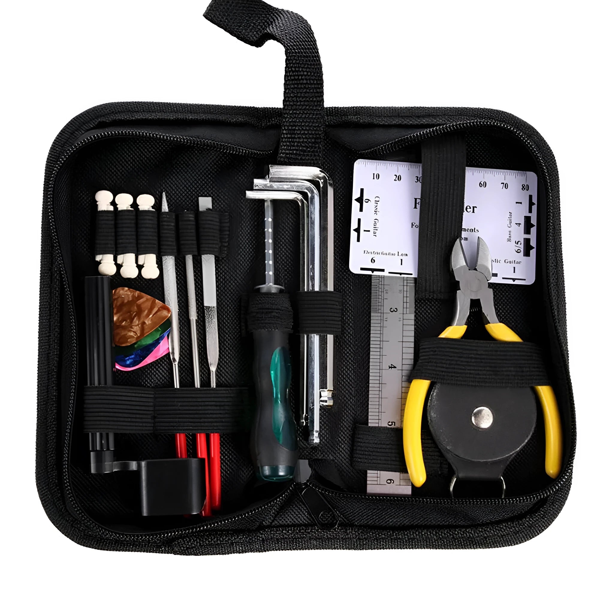 Black plastic case open to reveal metal guitar repair tools for maintenance of guitars, basses, mandolins, and banjos.