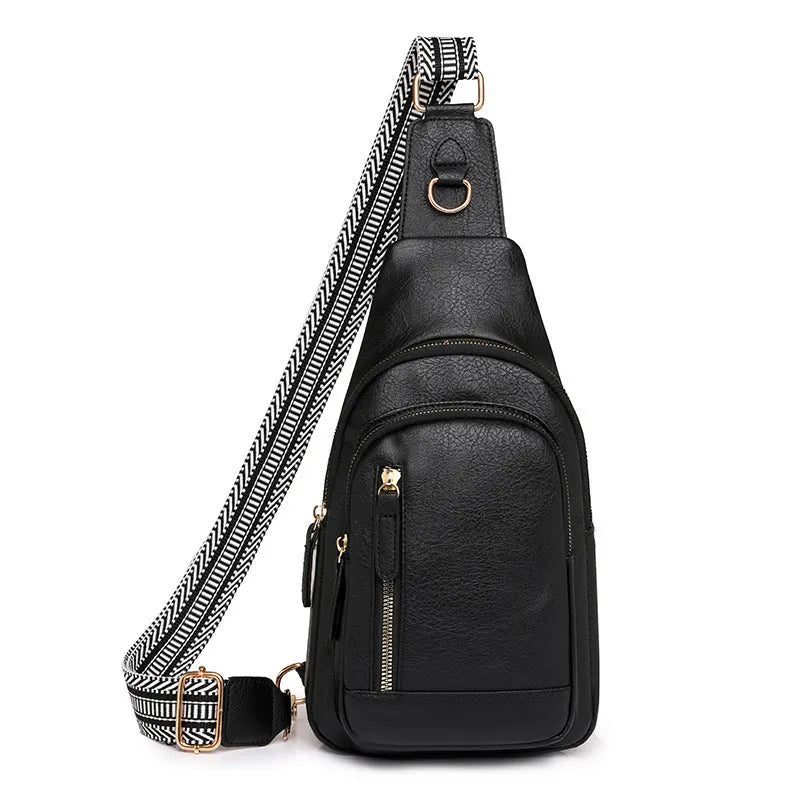Soft brown PU leather women's crossbody chest bag with an open front pocket.