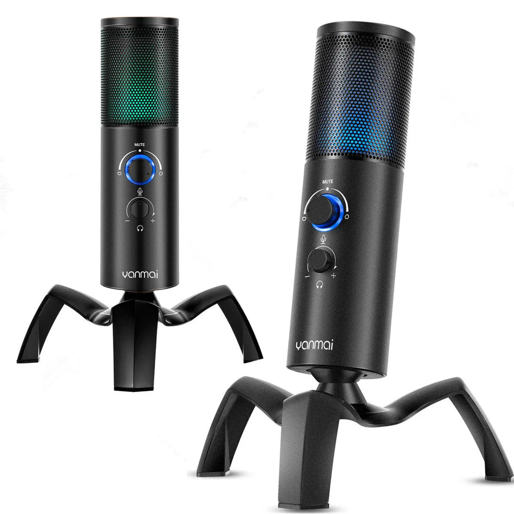Black Q18 USB condenser microphone with tripod stand and RGB lighting effects on circular control knob