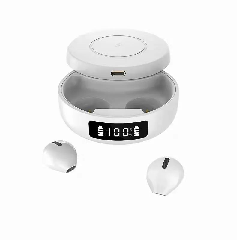 Mini semi-in-ear wireless headphones with a charging case in black, blue, and white colour options.