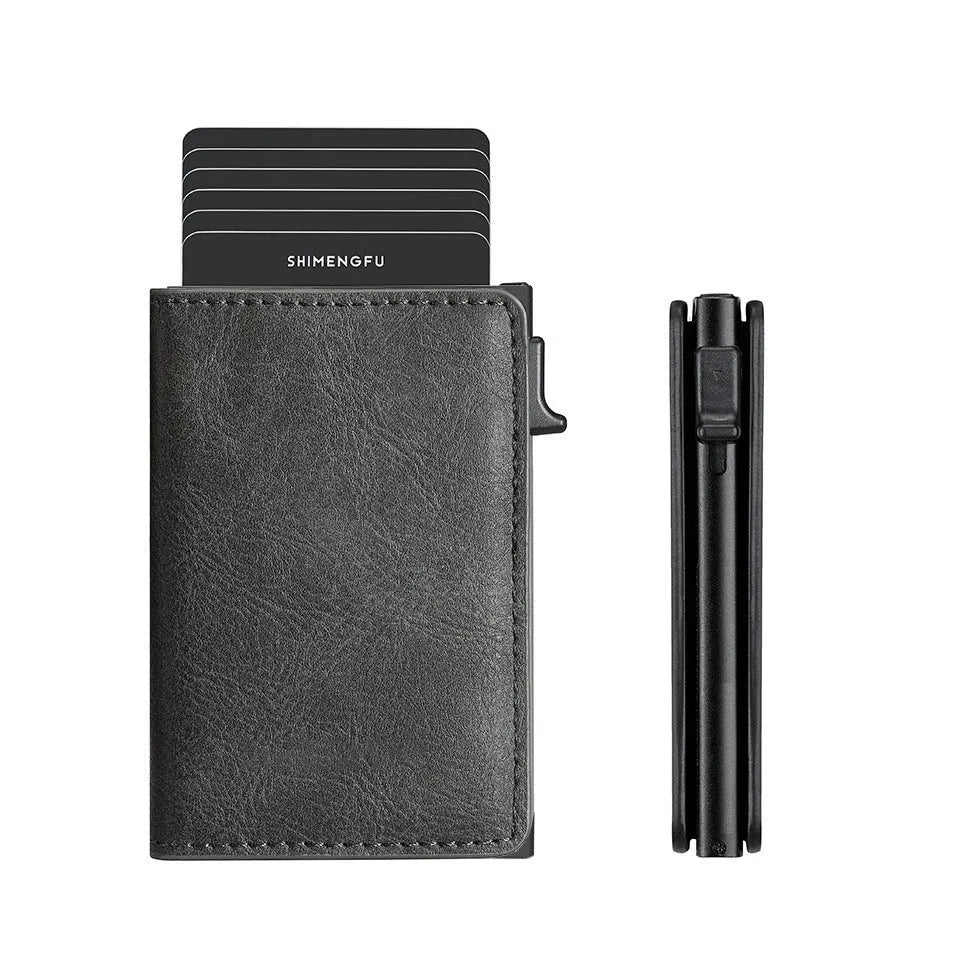 Pop-up aluminium alloy RFID blocking card wallet in retro PU leather, black colour option