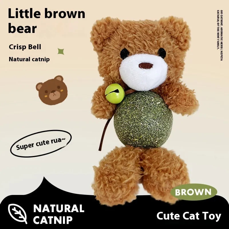 Plush catnip toy shaped like a small doll with a mint ball, in brown bear, pink rabbit, green frog or piyopiyo colour.