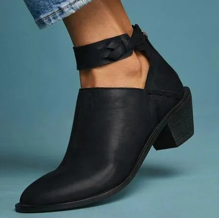 Vintage high heel ankle boots for women in black round toe PU leather mid heel 3-5 cm
