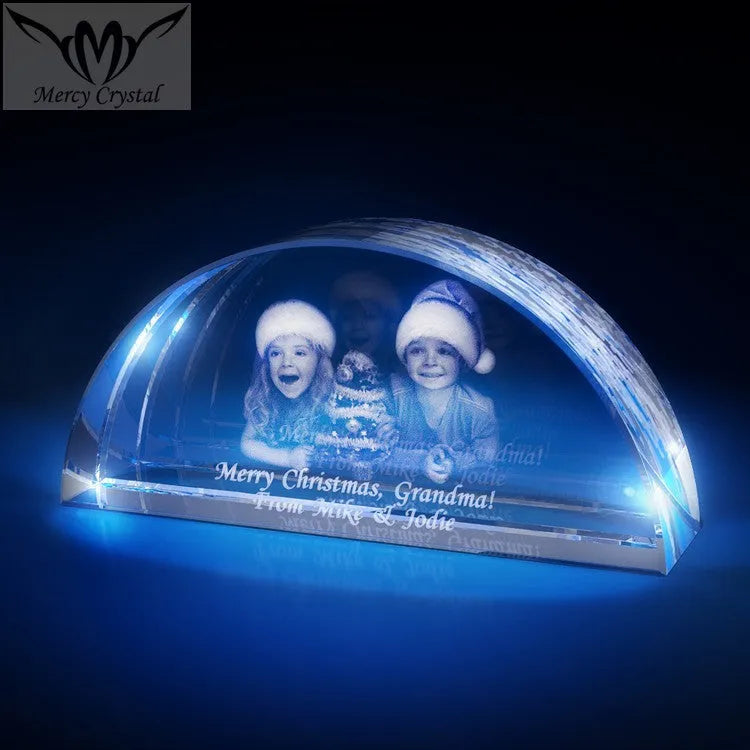 Custom laser engraved crystal sphere with personalised photo inside, available in multiple sizes and styles