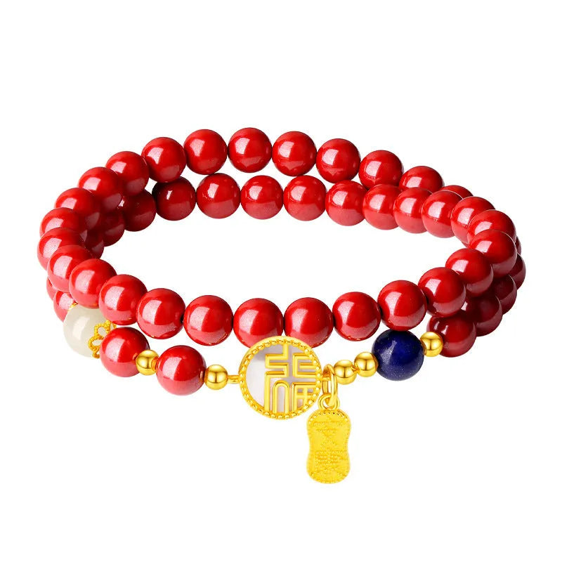 S925 sterling silver bracelet with white shell and cinnabar blessing card charm.