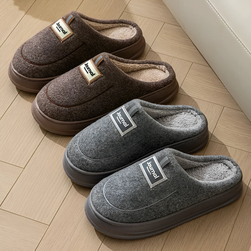 Men's grey and brown suede slippers with a thickened sole for larger foot sizes.