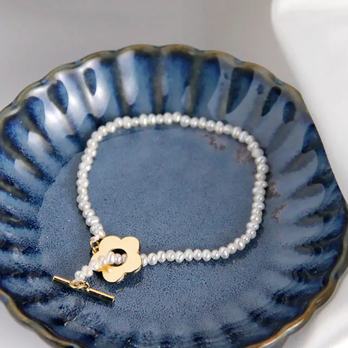Sterling silver natural pearl flower bracelet handmade with irregular pearl beads, adjustable size, silver colour, SL019 design