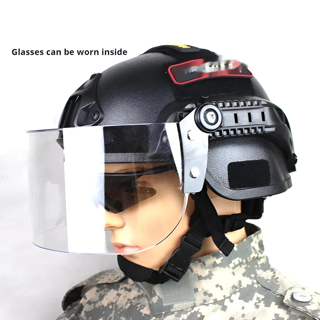 Transparent anti-riot tactical helmet with explosion-proof mask in black, green, sand or grey colours