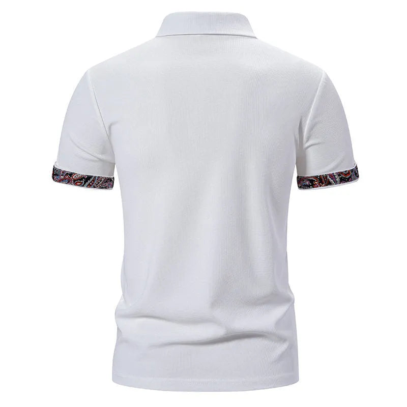 Men's cotton blend polo shirt in black with colour stitching detail and a turnover collar.