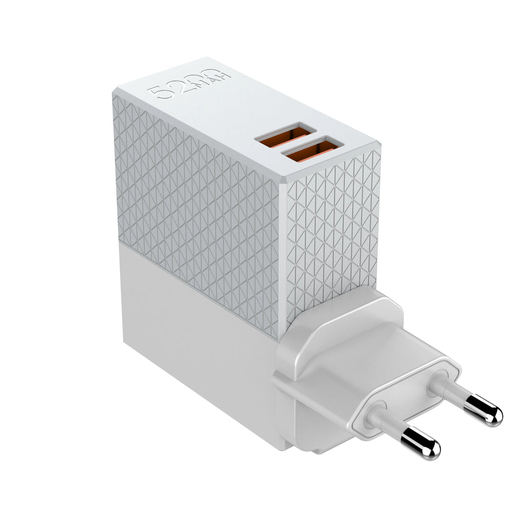 White two-in-one mobile power bank charger with built-in plug measuring 71.5mm