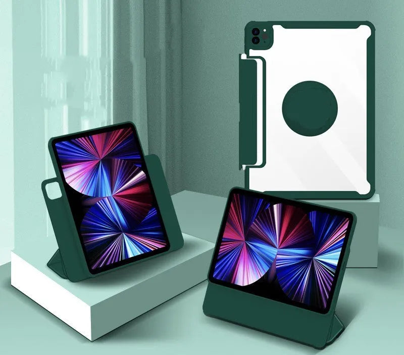 Magnetic iPad protective case in multiple colours showing retractable drawer for Apple Pencil.
