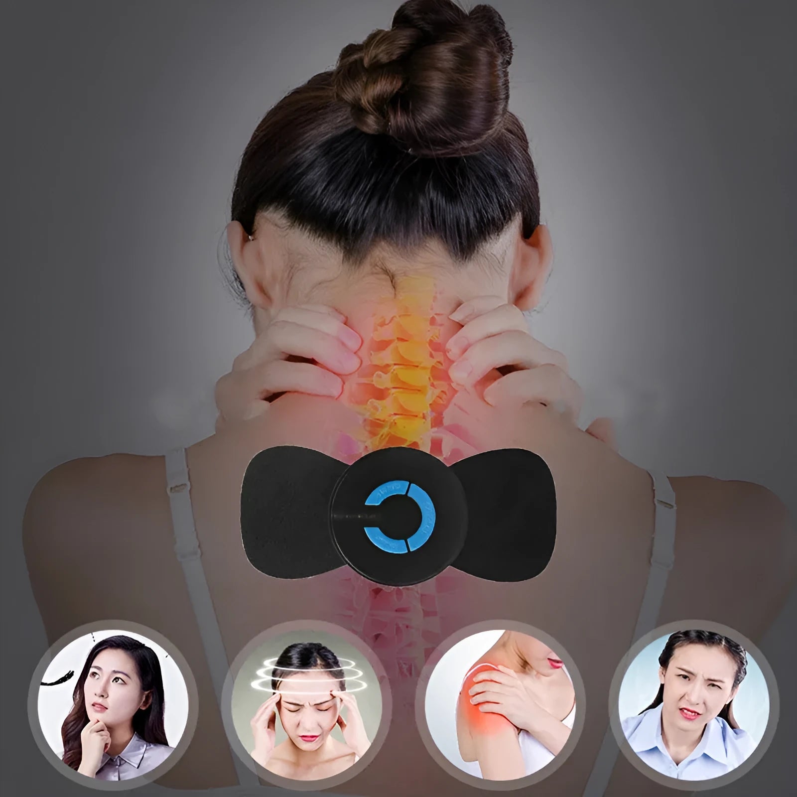 Black HQ-185 mini electric shoulder and neck massager with massage patch, showing compact 15cm size.