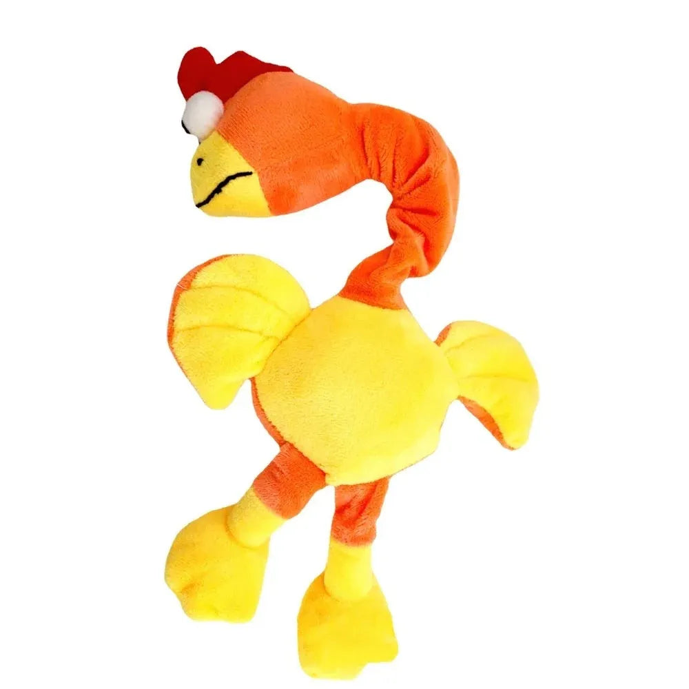 Black, green, and orange screaming chicken sound squeaky dog chew toy.