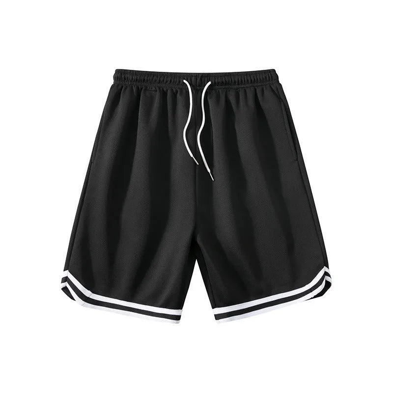 Men's loose-fit polyester sports shorts shown in a choice of colours including black, apricot, and blue.